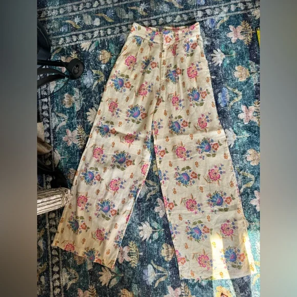 Spell Solstice Floral Wide-Leg Linen Pants - Cream and Pink